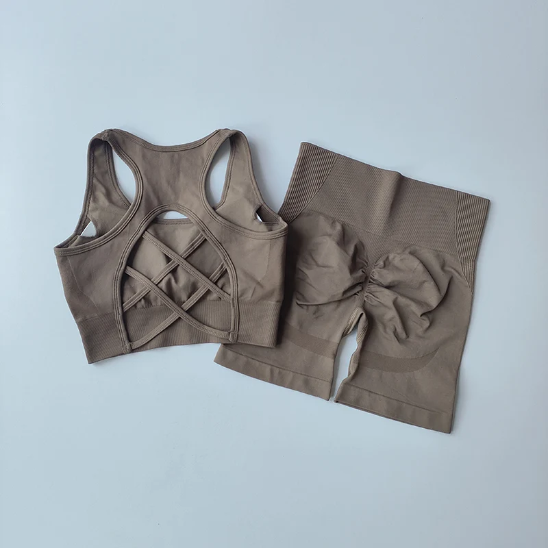 2 PCS/set Women's Seamless Yoga Set Sexy Sport Bra High Waist Sports Shorts Gym Fitness Sleeveless Workout Suit Sporstwear Yoga Suit for Women Seamless Fitness Gym Clothes Halter Sports Bra Matching