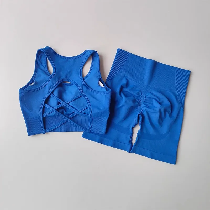 2 PCS/set Women's Seamless Yoga Set Sexy Sport Bra High Waist Sports Shorts Gym Fitness Sleeveless Workout Suit Sporstwear Yoga Suit for Women Seamless Fitness Gym Clothes Halter Sports Bra Matching