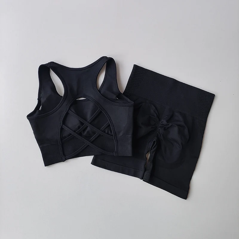 2 PCS/set Women's Seamless Yoga Set Sexy Sport Bra High Waist Sports Shorts Gym Fitness Sleeveless Workout Suit Sporstwear Yoga Suit for Women Seamless Fitness Gym Clothes Halter Sports Bra Matching