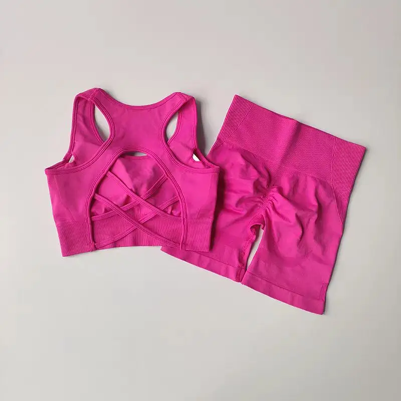 2 PCS/set Women's Seamless Yoga Set Sexy Sport Bra High Waist Sports Shorts Gym Fitness Sleeveless Workout Suit Sporstwear Yoga Suit for Women Seamless Fitness Gym Clothes Halter Sports Bra Matching