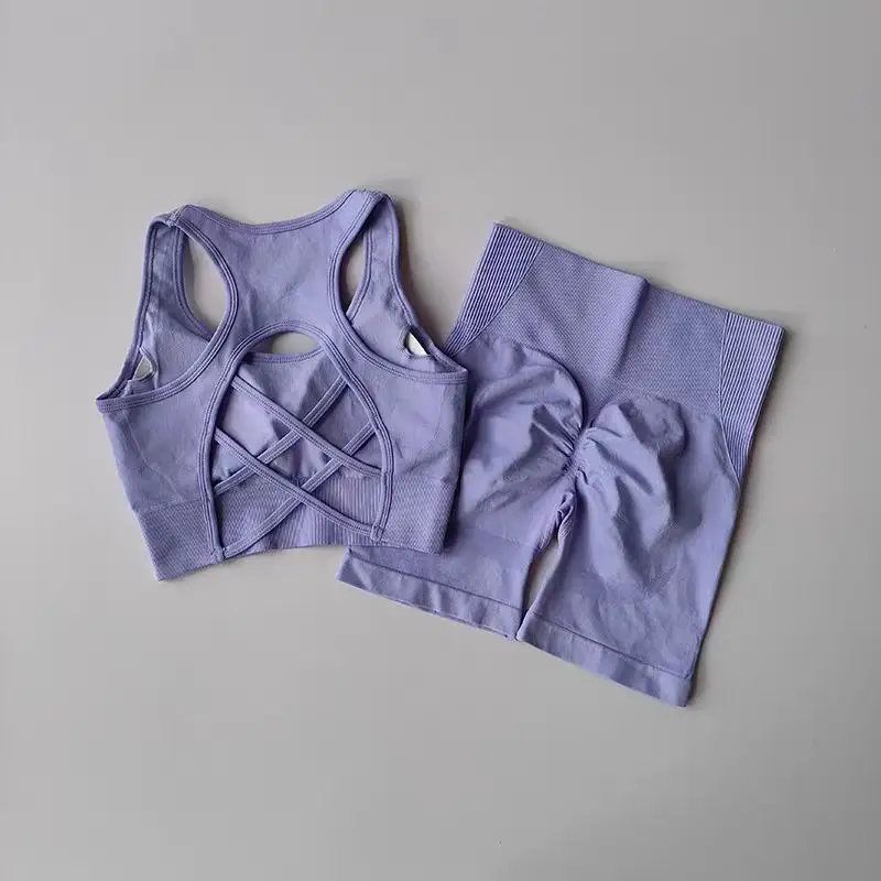 2 PCS/set Women's Seamless Yoga Set Sexy Sport Bra High Waist Sports Shorts Gym Fitness Sleeveless Workout Suit Sporstwear Yoga Suit for Women Seamless Fitness Gym Clothes Halter Sports Bra Matching