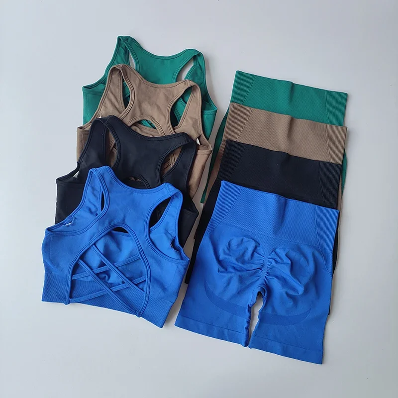 2 PCS/set Women's Seamless Yoga Set Sexy Sport Bra High Waist Sports Shorts Gym Fitness Sleeveless Workout Suit Sporstwear Yoga Suit for Women Seamless Fitness Gym Clothes Halter Sports Bra Matching