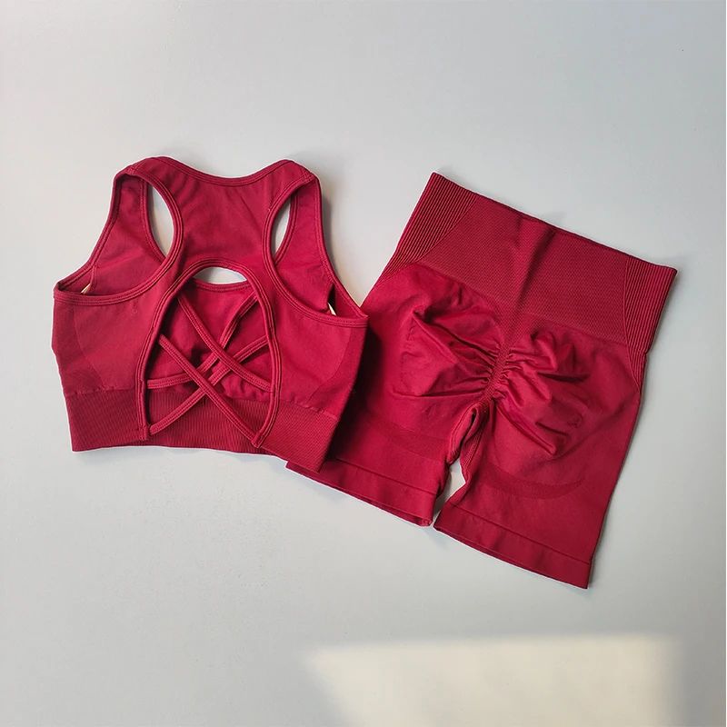 2 PCS/set Women's Seamless Yoga Set Sexy Sport Bra High Waist Sports Shorts Gym Fitness Sleeveless Workout Suit Sporstwear Yoga Suit for Women Seamless Fitness Gym Clothes Halter Sports Bra Matching