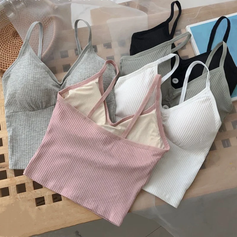 Women Knitted Tank Top Strap Vest Female Knitting Crop Top Chest Wrap Pure Cotton Underwear Camisoles Womens Tops Sexy Tank Top Women Built in Bra Solid Color Camis for Women Crop Top Off Shoulder