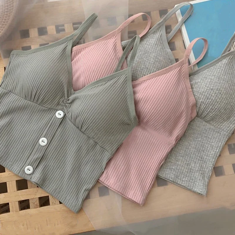 Women Knitted Tank Top Strap Vest Female Knitting Crop Top Chest Wrap Pure Cotton Underwear Camisoles Womens Tops Sexy Tank Top Women Built in Bra Solid Color Camis for Women Crop Top Off Shoulder
