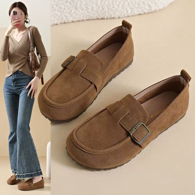 Suede flat shoes, soft leather and soft soles, bean shoes, loafers, suede leather shoes, round-toed flat single shoes, suede flat single shoes, women's one-foot soft soles, versatile bean shoes