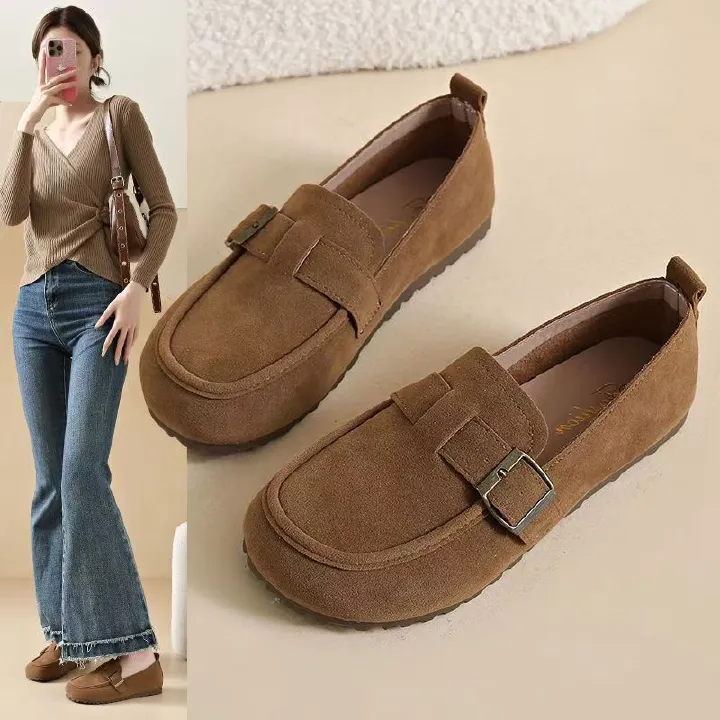 Suede flat shoes, soft leather and soft soles, bean shoes, loafers, suede leather shoes, round-toed flat single shoes, suede flat single shoes, women's one-foot soft soles, versatile bean shoes
