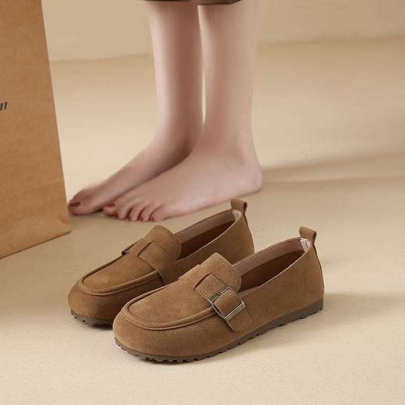 Suede flat shoes, soft leather and soft soles, bean shoes, loafers, suede leather shoes, round-toed flat single shoes, suede flat single shoes, women's one-foot soft soles, versatile bean shoes