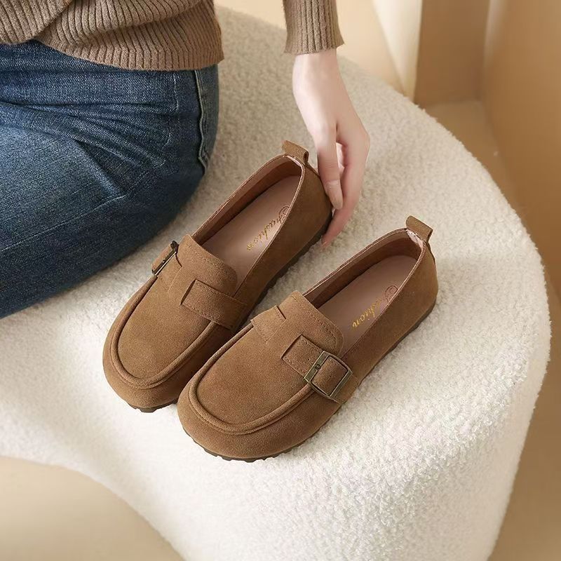 Suede flat shoes, soft leather and soft soles, bean shoes, loafers, suede leather shoes, round-toed flat single shoes, suede flat single shoes, women's one-foot soft soles, versatile bean shoes