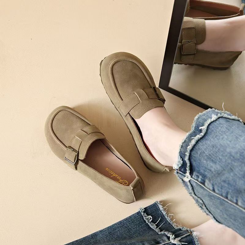 Suede flat shoes, soft leather and soft soles, bean shoes, loafers, suede leather shoes, round-toed flat single shoes, suede flat single shoes, women's one-foot soft soles, versatile bean shoes
