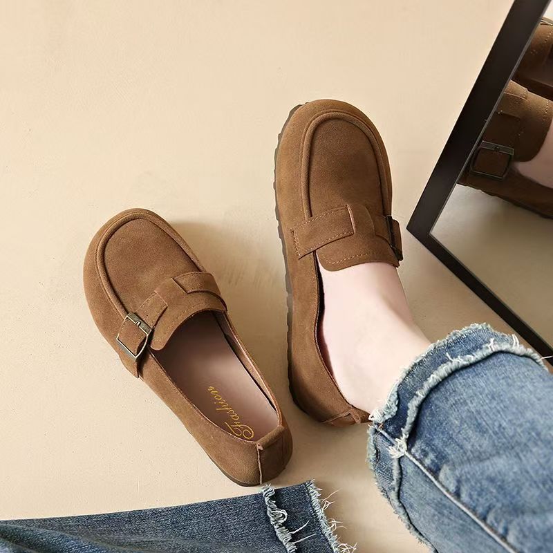Suede flat shoes, soft leather and soft soles, bean shoes, loafers, suede leather shoes, round-toed flat single shoes, suede flat single shoes, women's one-foot soft soles, versatile bean shoes