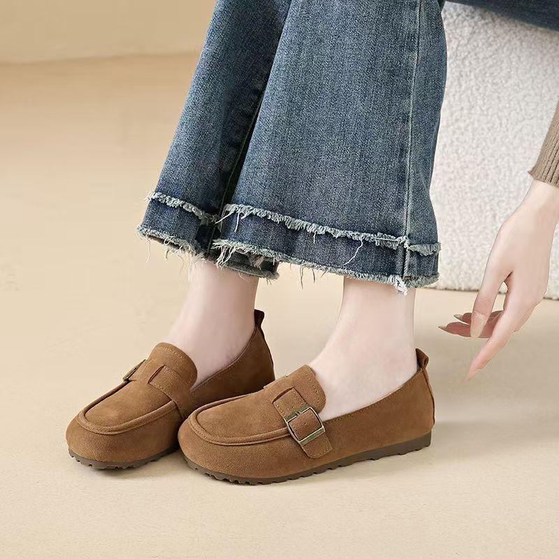 Suede flat shoes, soft leather and soft soles, bean shoes, loafers, suede leather shoes, round-toed flat single shoes, suede flat single shoes, women's one-foot soft soles, versatile bean shoes