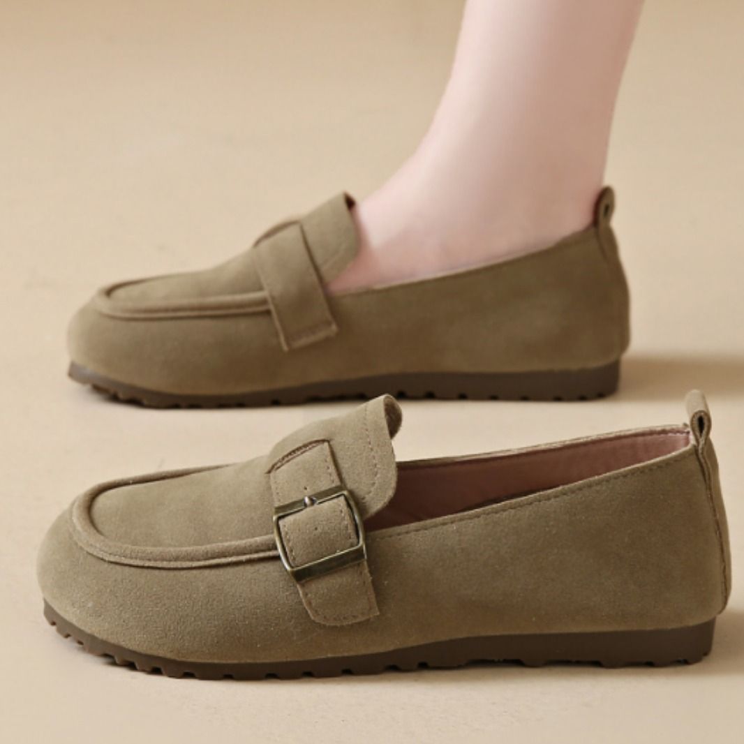 Suede flat shoes, soft leather and soft soles, bean shoes, loafers, suede leather shoes, round-toed flat single shoes, suede flat single shoes, women's one-foot soft soles, versatile bean shoes