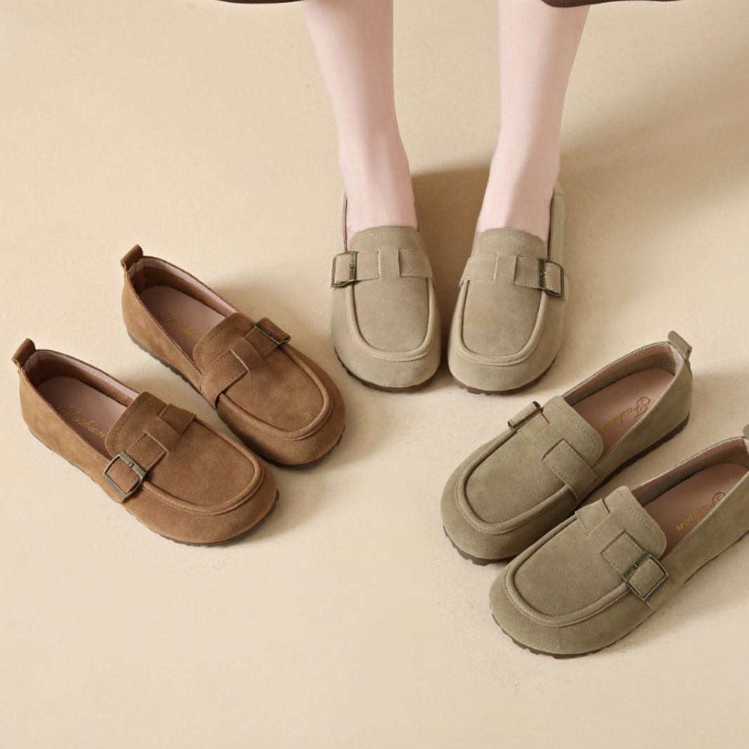 Suede flat shoes, soft leather and soft soles, bean shoes, loafers, suede leather shoes, round-toed flat single shoes, suede flat single shoes, women's one-foot soft soles, versatile bean shoes