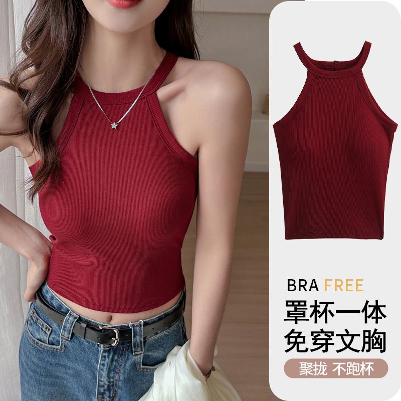 Threaded Halter Neck Camisole Top With Build-in Bra High Elastic Slim-fitting Sling Fixed Cup Breathable Women UnderwearSummer Tight Tank Top Breathable And Comfy Sleeveless Ves For Women's Summer