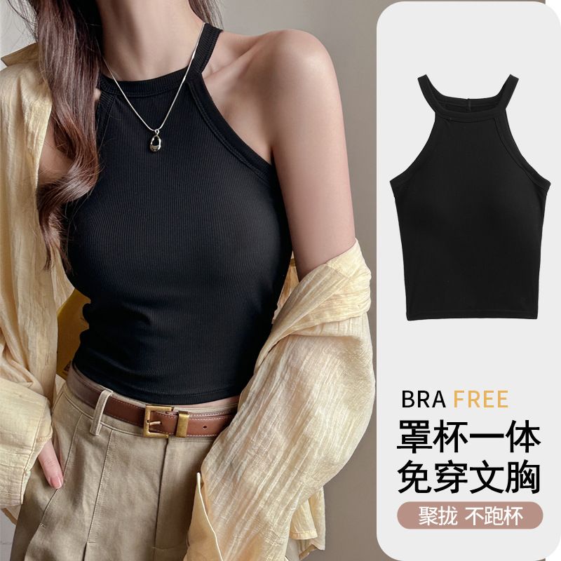 Threaded Halter Neck Camisole Top With Build-in Bra High Elastic Slim-fitting Sling Fixed Cup Breathable Women UnderwearSummer Tight Tank Top Breathable And Comfy Sleeveless Ves For Women's Summer