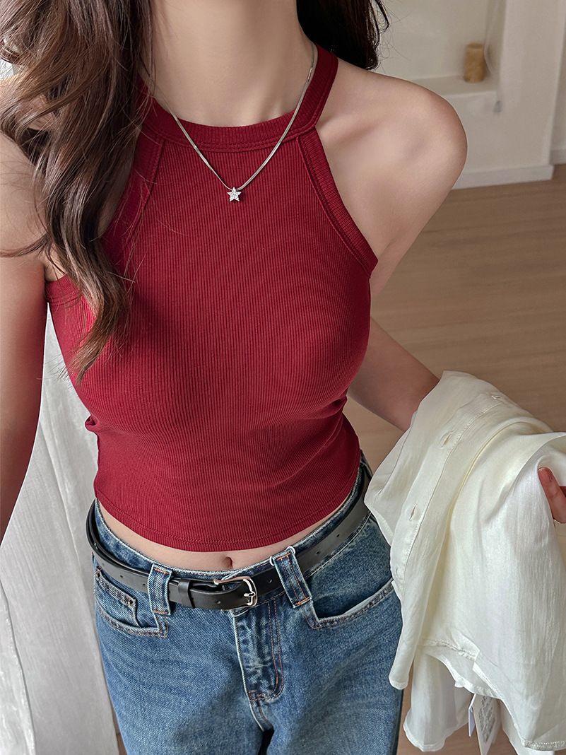 Threaded Halter Neck Camisole Top With Build-in Bra High Elastic Slim-fitting Sling Fixed Cup Breathable Women UnderwearSummer Tight Tank Top Breathable And Comfy Sleeveless Ves For Women's Summer