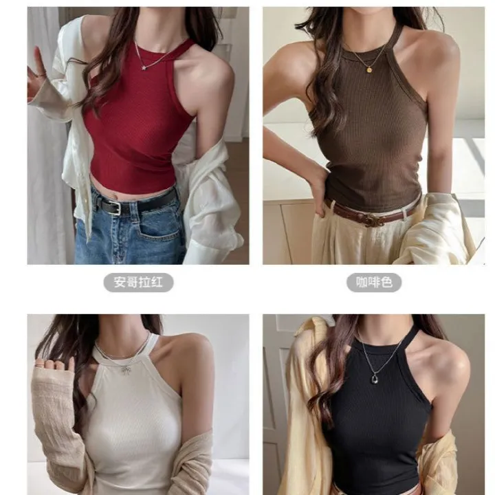 Threaded Halter Neck Camisole Top With Build-in Bra High Elastic Slim-fitting Sling Fixed Cup Breathable Women UnderwearSummer Tight Tank Top Breathable And Comfy Sleeveless Ves For Women's Summer