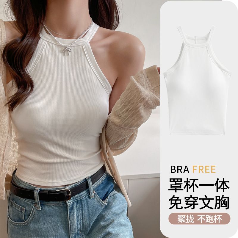 Threaded Halter Neck Camisole Top With Build-in Bra High Elastic Slim-fitting Sling Fixed Cup Breathable Women UnderwearSummer Tight Tank Top Breathable And Comfy Sleeveless Ves For Women's Summer