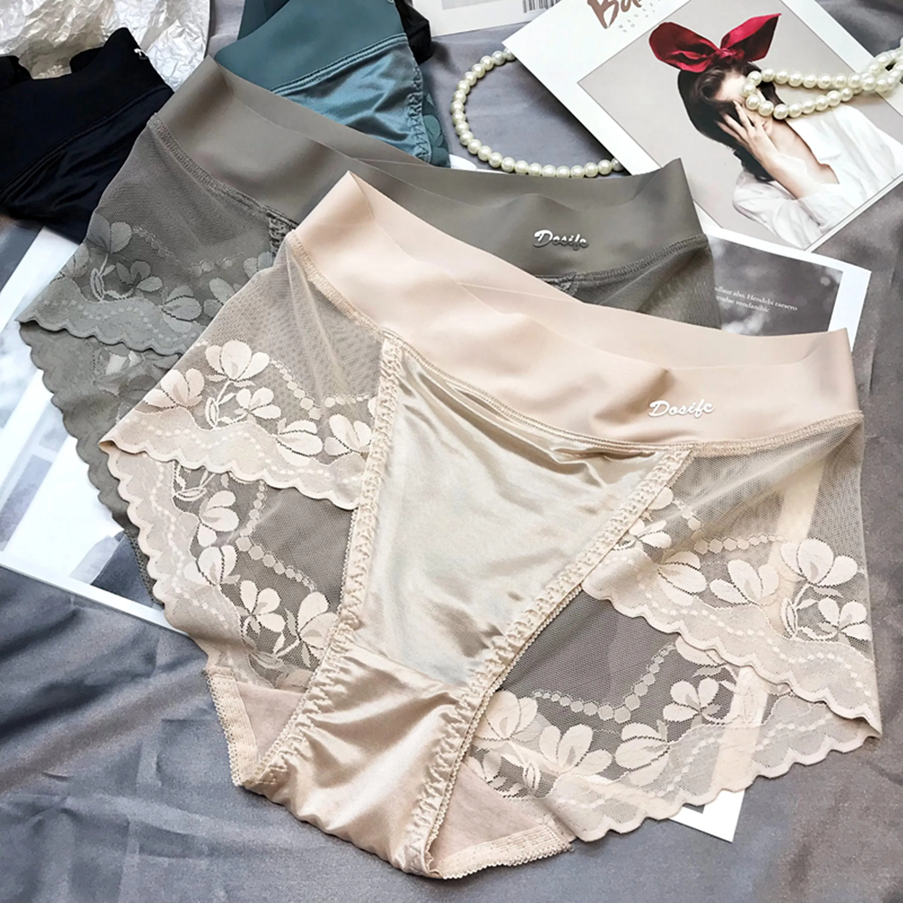 3PCS Women Lace Panties High Waist Lingerie Brief Plus Size L-2XL Sexy Women's Underwear Cheeky Sexy Woman Lingeries Intimates Women Luxury Satin panties Lace briefs High waist Plus size Cotton crotch