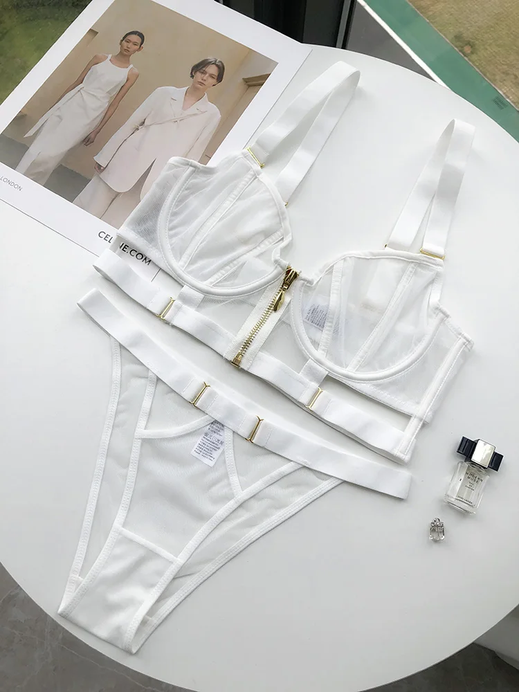 2-Piece Sexy Mesh See Through Bra Set Gothic Zipper Buckle Push Up Erotic Brassiere Set Ladies Sexy Ultra Thin Lingerie Set Classic Bandage Push Up Bra Set for Women Underwear Europe Lace Splicing