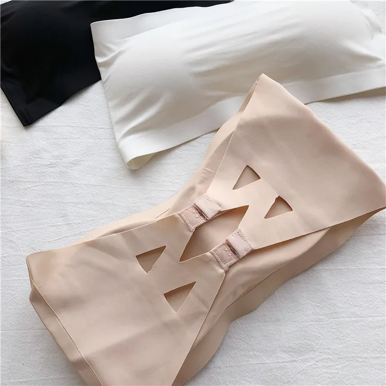 2PCS Ice Silk Strapless Bra Girls Seamless Crop Tube Top Bralette for Women Sexy Soft Bras Large Size Bustier Tops Summer Underwear Seamless One-piece Tube Tops Women Removable Pads Intimates Basic