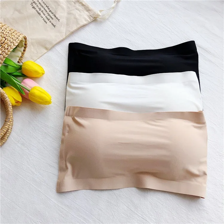 2PCS Ice Silk Strapless Bra Girls Seamless Crop Tube Top Bralette for Women Sexy Soft Bras Large Size Bustier Tops Summer Underwear Seamless One-piece Tube Tops Women Removable Pads Intimates Basic