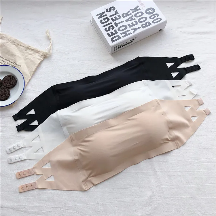 2PCS Ice Silk Strapless Bra Girls Seamless Crop Tube Top Bralette for Women Sexy Soft Bras Large Size Bustier Tops Summer Underwear Seamless One-piece Tube Tops Women Removable Pads Intimates Basic
