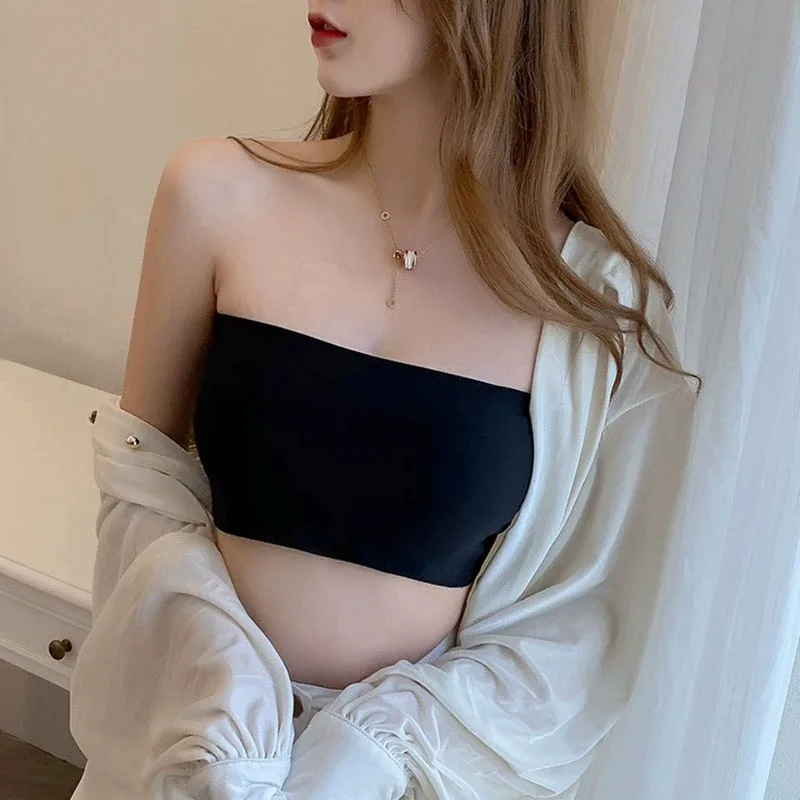 2PCS Ice Silk Strapless Bra Girls Seamless Crop Tube Top Bralette for Women Sexy Soft Bras Large Size Bustier Tops Summer Underwear Seamless One-piece Tube Tops Women Removable Pads Intimates Basic