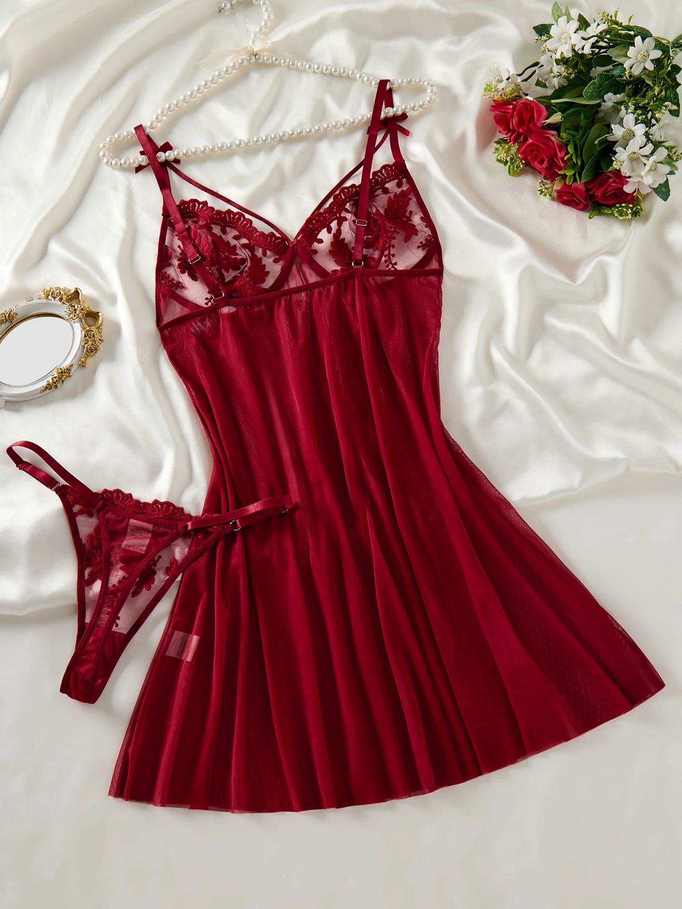 2 Piece/set Sexy Pajamas Women's Lace Suspender Nightdress Ladies' wine red countryside style wheat ear embroidery semi transparent nightgown, elegant and comfortable, bow design Slip dress