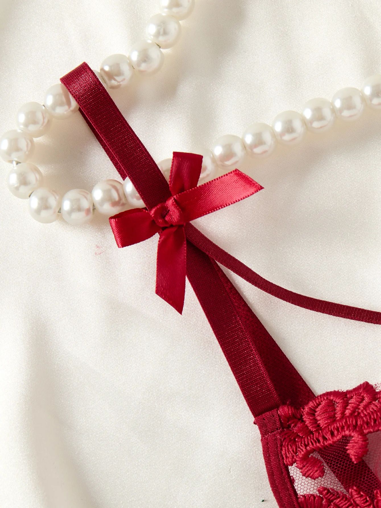 2 Piece/set Sexy Pajamas Women's Lace Suspender Nightdress Ladies' wine red countryside style wheat ear embroidery semi transparent nightgown, elegant and comfortable, bow design Slip dress