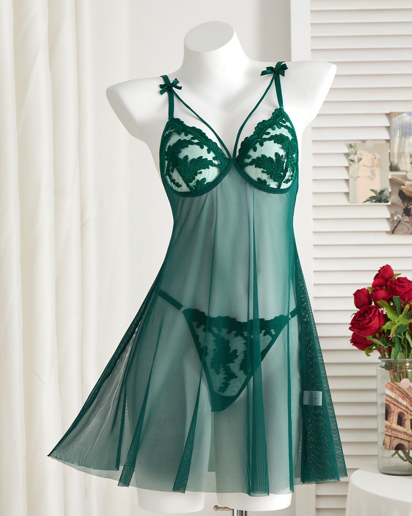 2 Piece/set Sexy Pajamas Women's Lace Suspender Nightdress Ladies' wine red countryside style wheat ear embroidery semi transparent nightgown, elegant and comfortable, bow design Slip dress