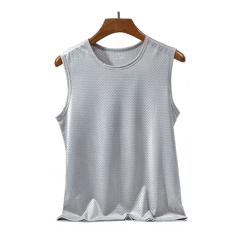 Men's Ice Silk Mesh Tank Tops Gym Stringer Transparent Bodybuilding Sleeveless Shirt Fitness Vest Male mesh Muscle Singlets  Men Basic Elastic tank top Men's t-shirt Bodybuilding Fitness T-shirt Summe