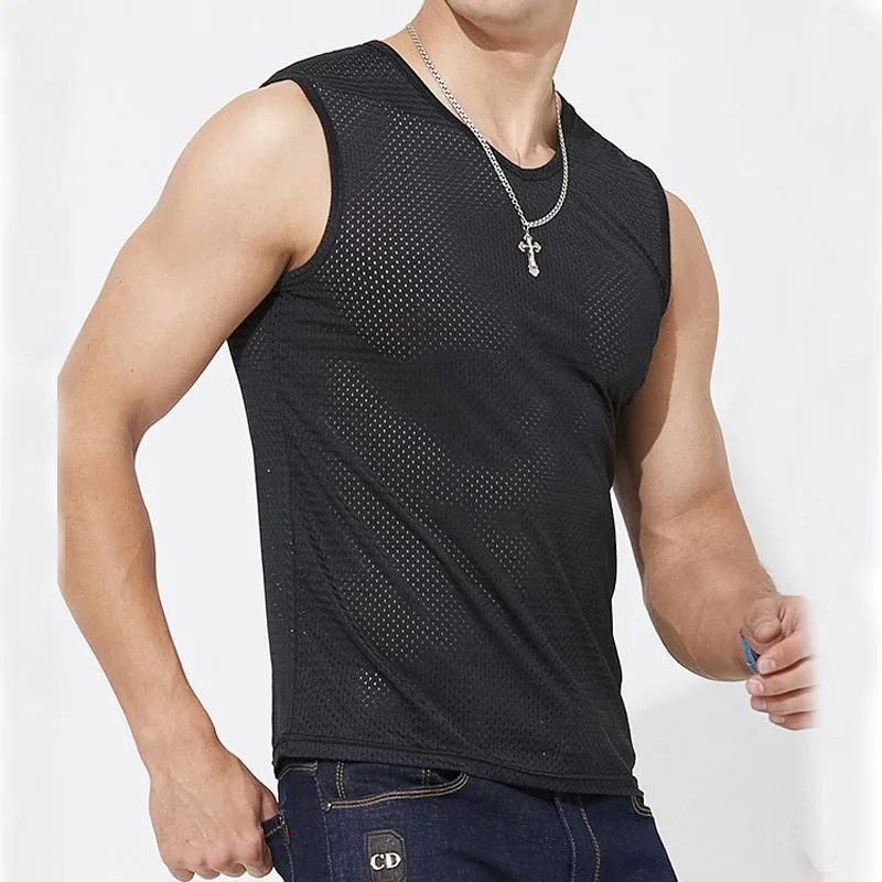 Men's Ice Silk Mesh Tank Tops Gym Stringer Transparent Bodybuilding Sleeveless Shirt Fitness Vest Male mesh Muscle Singlets  Men Basic Elastic tank top Men's t-shirt Bodybuilding Fitness T-shirt Summe