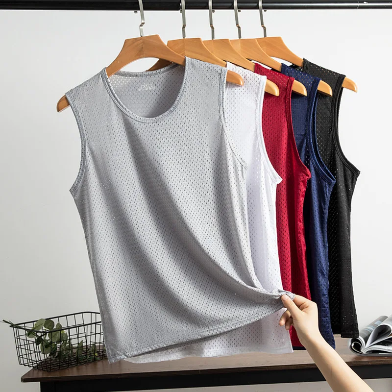 Men's Ice Silk Mesh Tank Tops Gym Stringer Transparent Bodybuilding Sleeveless Shirt Fitness Vest Male mesh Muscle Singlets  Men Basic Elastic tank top Men's t-shirt Bodybuilding Fitness T-shirt Summe
