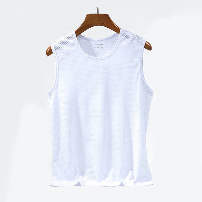 Men's Ice Silk Mesh Tank Tops Gym Stringer Transparent Bodybuilding Sleeveless Shirt Fitness Vest Male mesh Muscle Singlets  Men Basic Elastic tank top Men's t-shirt Bodybuilding Fitness T-shirt Summe