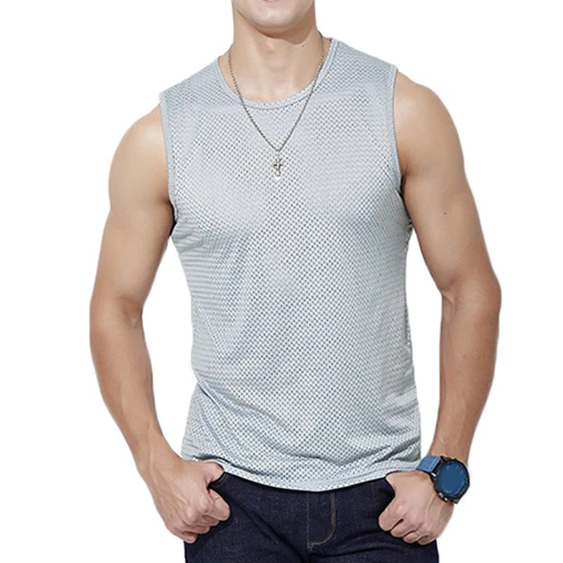 Men's Ice Silk Mesh Tank Tops Gym Stringer Transparent Bodybuilding Sleeveless Shirt Fitness Vest Male mesh Muscle Singlets  Men Basic Elastic tank top Men's t-shirt Bodybuilding Fitness T-shirt Summe