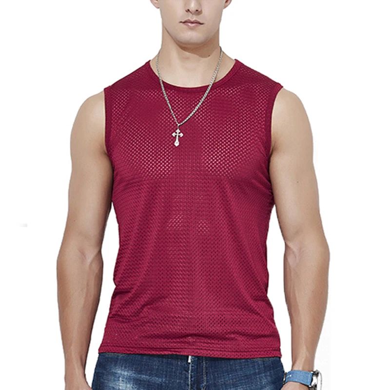Men's Ice Silk Mesh Tank Tops Gym Stringer Transparent Bodybuilding Sleeveless Shirt Fitness Vest Male mesh Muscle Singlets  Men Basic Elastic tank top Men's t-shirt Bodybuilding Fitness T-shirt Summe