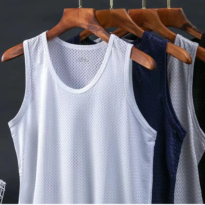 Men's Ice Silk Mesh Tank Tops Gym Stringer Transparent Bodybuilding Sleeveless Shirt Fitness Vest Male mesh Muscle Singlets Men's Ice Silk Mesh Vest Lightweight Sports Summer Wear Sleeveless T-shirt