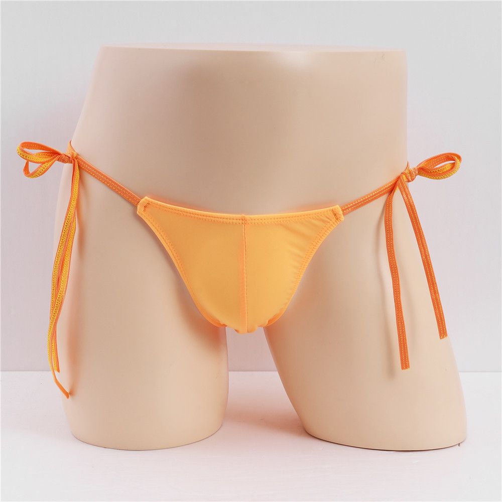Men Breathable Sissy Underwear Elasticity Silk Lac-up Sexy Panties Men's lace-up romantic underwear, sexy men's underwear, bikini low-waist elastic triangle underwear, solid color ice silk underwear