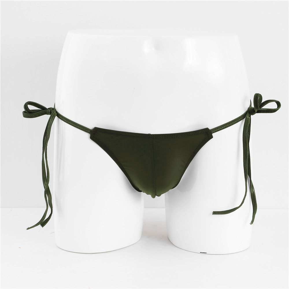 Men Breathable Sissy Underwear Elasticity Silk Lac-up Sexy Panties Men's lace-up romantic underwear, sexy men's underwear, bikini low-waist elastic triangle underwear, solid color ice silk underwear