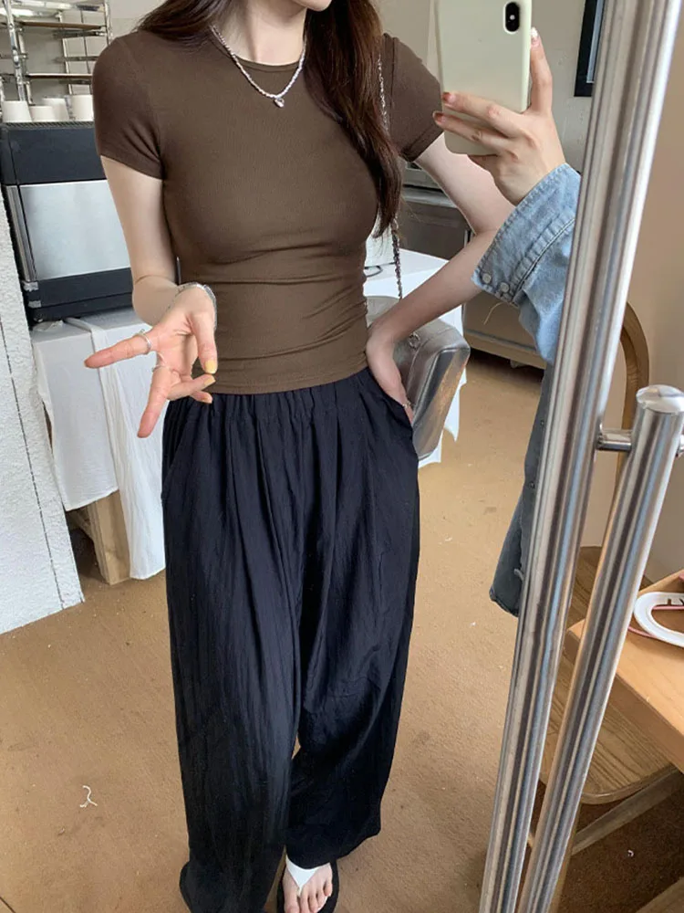Basic Solid Crop Top Short Sleeve Crewneck Skinny T-shirt Summer Casual Tee for Women y2k Vintage Top Harajuku Streetwear Woman Clothing Short Sleeve T-shirt Slim Fit Tops Female O-Neck Knitted Sheath