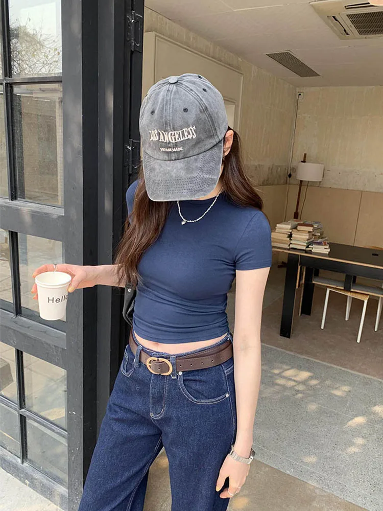 Basic Solid Crop Top Short Sleeve Crewneck Skinny T-shirt Summer Casual Tee for Women y2k Vintage Top Harajuku Streetwear Woman Clothing Short Sleeve T-shirt Slim Fit Tops Female O-Neck Knitted Sheath