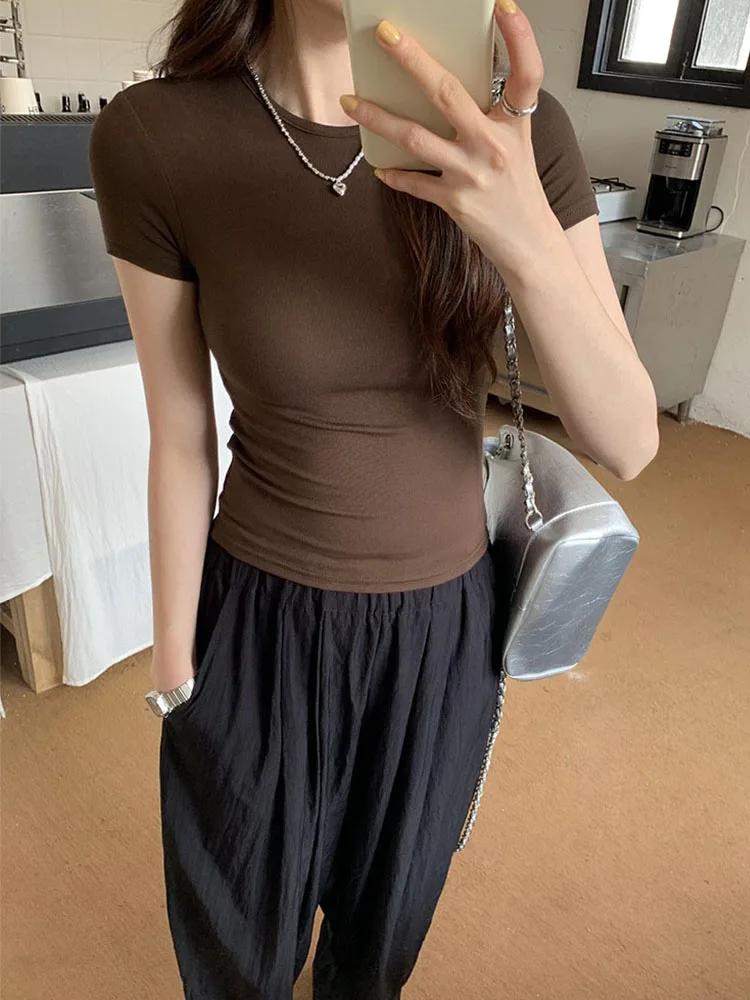 Basic Solid Crop Top Short Sleeve Crewneck Skinny T-shirt Summer Casual Tee for Women y2k Vintage Top Harajuku Streetwear Woman Clothing Short Sleeve T-shirt Slim Fit Tops Female O-Neck Knitted Sheath