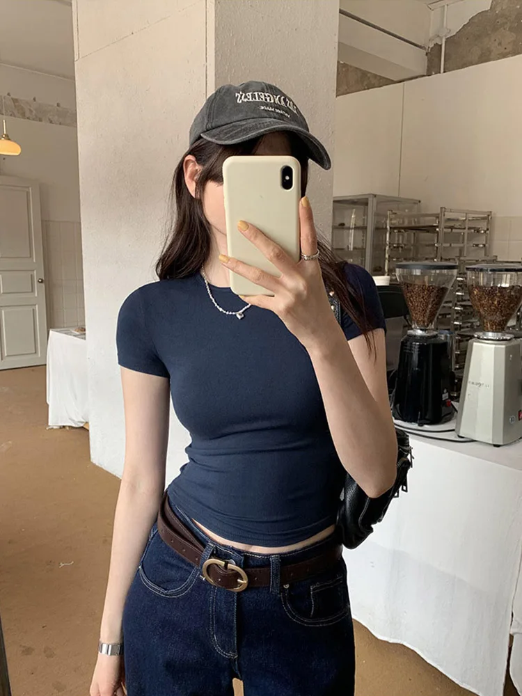 Basic Solid Crop Top Short Sleeve Crewneck Skinny T-shirt Summer Casual Tee for Women y2k Vintage Top Harajuku Streetwear Woman Clothing Short Sleeve T-shirt Slim Fit Tops Female O-Neck Knitted Sheath
