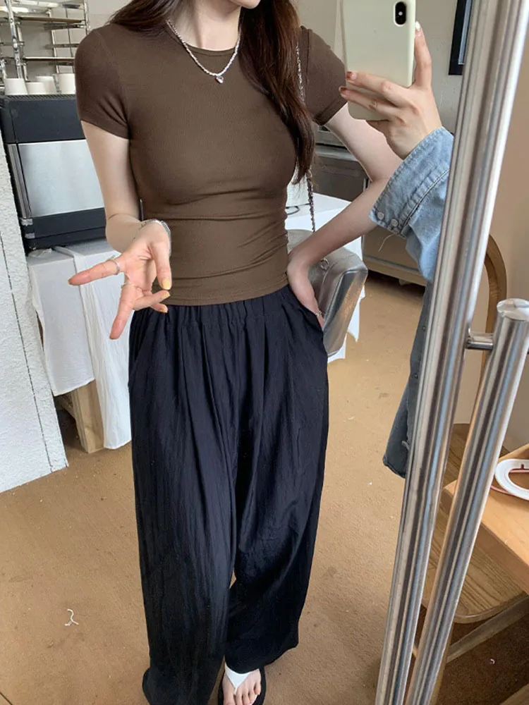 Basic Solid Crop Top Short Sleeve Crewneck Skinny T-shirt Summer Casual Tee for Women y2k Vintage Top Harajuku Streetwear Woman Clothing Short Sleeve T-shirt Slim Fit Tops Female O-Neck Knitted Sheath