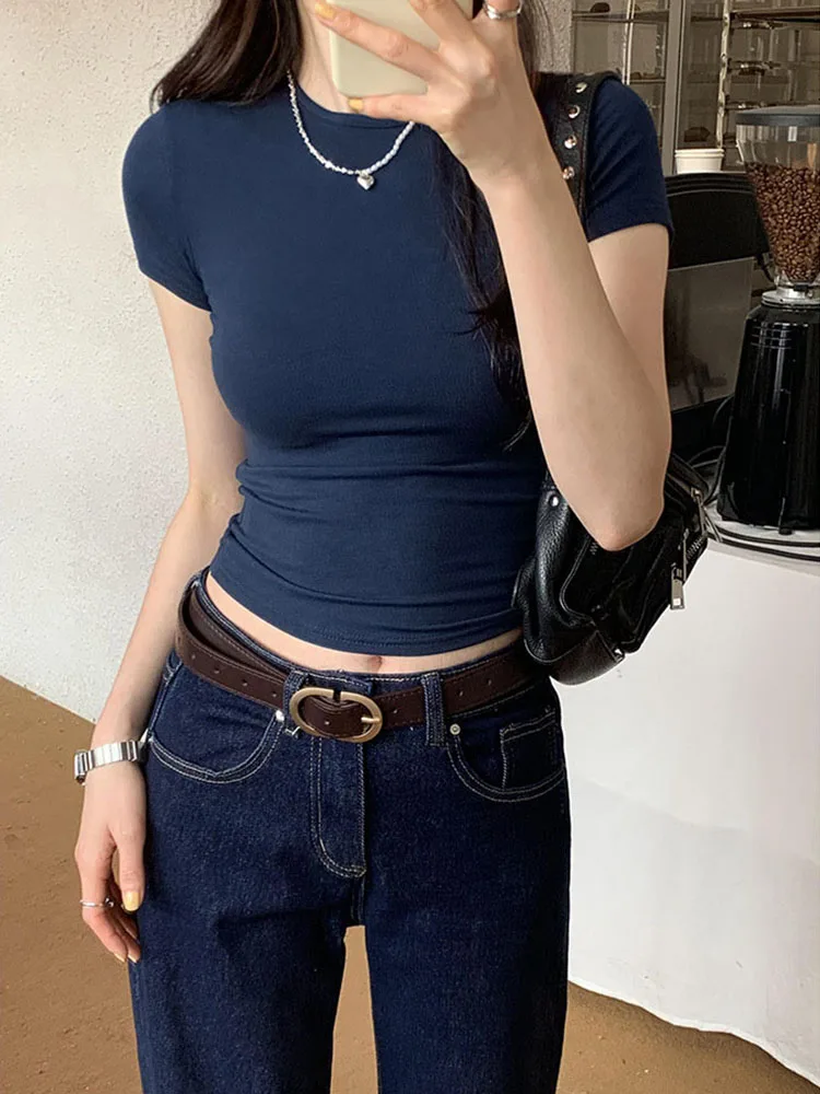 Basic Solid Crop Top Short Sleeve Crewneck Skinny T-shirt Summer Casual Tee for Women y2k Vintage Top Harajuku Streetwear Woman Clothing Short Sleeve T-shirt Slim Fit Tops Female O-Neck Knitted Sheath