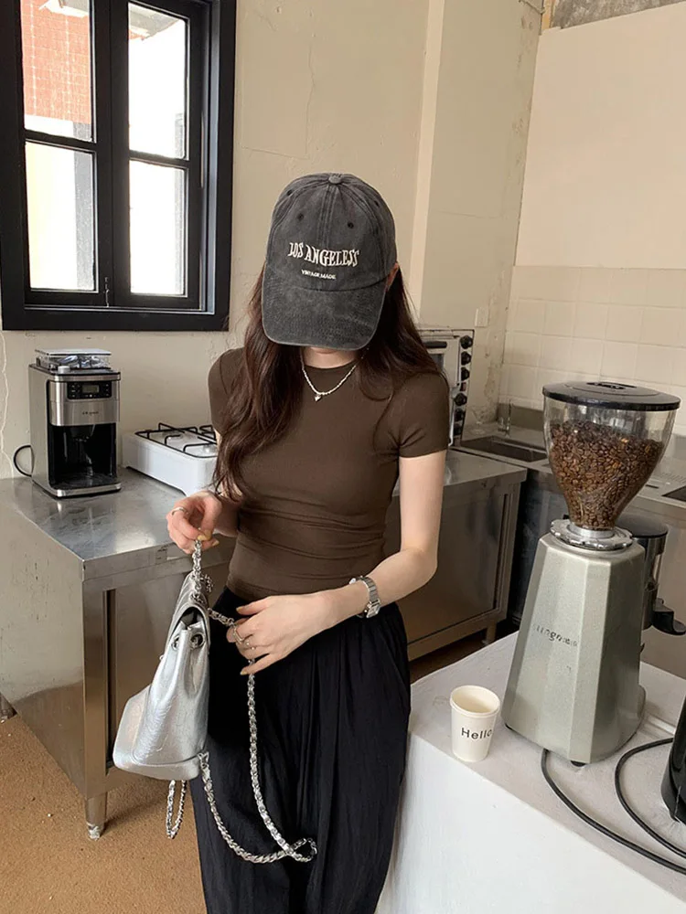 Basic Solid Crop Top Short Sleeve Crewneck Skinny T-shirt Summer Casual Tee for Women y2k Vintage Top Harajuku Streetwear Woman Clothing Short Sleeve T-shirt Slim Fit Tops Female O-Neck Knitted Sheath