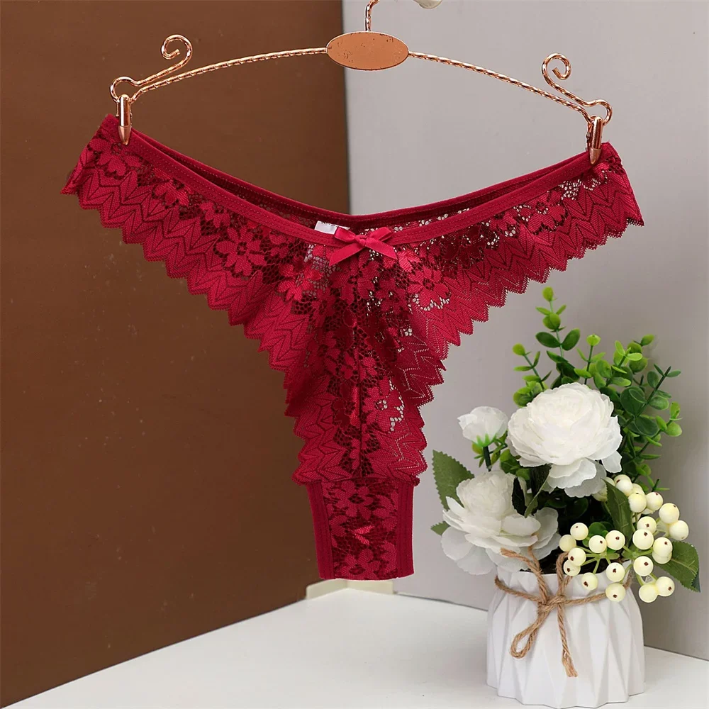 4pcs/set Women Lace Thongs Panties Sexy Solid Color Low Waist Bikini Panties Ladies Breathable G-string Lingerie V-Waist Breathable Underwear Female Soft Lingerie Intimates