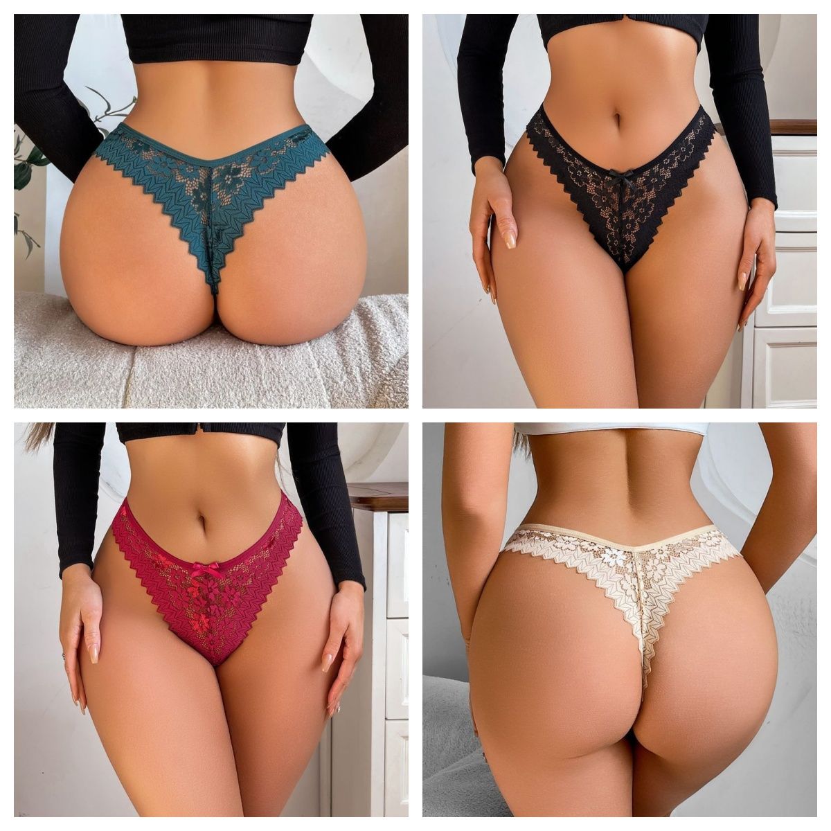 4pcs/set Women Lace Thongs Panties Sexy Solid Color Low Waist Bikini Panties Ladies Breathable G-string Lingerie V-Waist Breathable Underwear Female Soft Lingerie Intimates